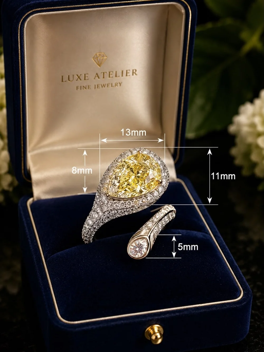 Yellow Pear-Cut Halo Ring with Pavé Diamonds
